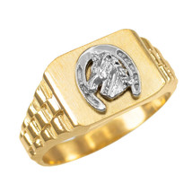 10K Yellow Gold Lucky Horseshoe Mens Rectangular Ring - £330.49 GBP