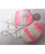 1 Pair Hand Knit Doll Size Winter Mittens Pink w String 2 3/4&quot; Tall x 2&quot;... - £7.78 GBP