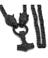 Viking Mjolnir Necklace Black Stainless Steel Geri Freki Wolf Byzantine ... - $69.99