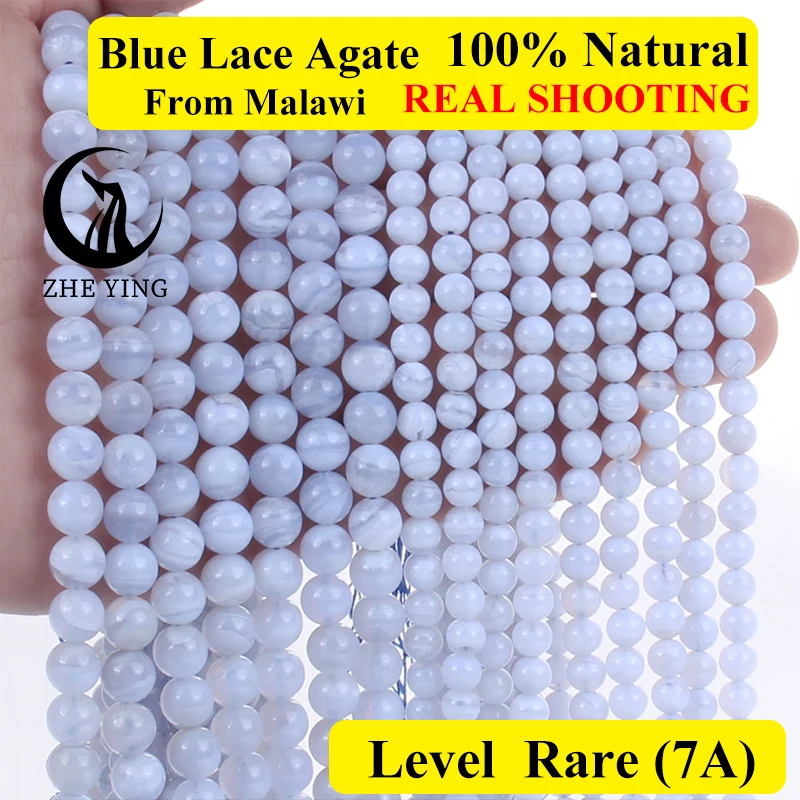 Zhe Ying 100% Natural Blue Lace Agates Stone Beads Round Loose Beads for Jewelry - £12.49 GBP+