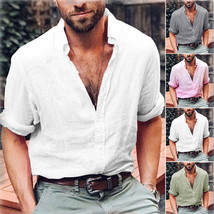 Men&#39;s Linen Long Sleeve Shirt Summer Cool Loose Casual V-Neck Shirts Top... - $247.32 MXN
