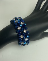 Glass beads strechy bracelet beautiful royal blue with rhinestones - £9.38 GBP
