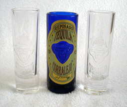 3 New Corralejo Tequila Embossed Shot Glasses Shooter Clear &amp; Blue - £21.91 GBP