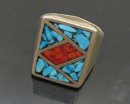 SOUTHWESTERN 925 Silver - Vintage Inlaid Turquoise &amp; Coral Ring Sz 9.5 - RG17690 - £81.51 GBP