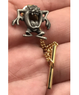 VTG 1988 Tazmanian Devil Taz Warner Bros Pewter Tie Tack Pin w/ Golden C... - $18.53