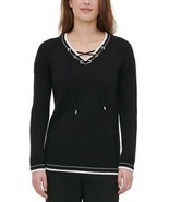 Calvin Klein Women&#39;s Lace Up Pullover V-Neck Sweater, Black, M - €19,53 EUR