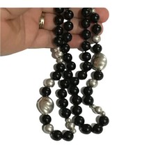 Handmade Sterling Silver &amp; Onyx 8mm Bead 27&quot; Long Necklace Fine 84 Grams - £335.78 GBP