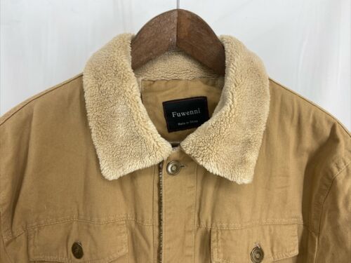 Fuwenni Men s Size Large Canvas Brown Jacket Faux Fur Sherpa Fleece Trucker