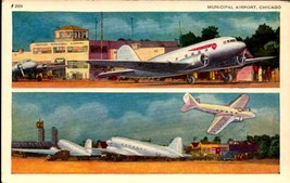 Vintage POSTCARD-TWO Views Of Prop Planes At Municipal Airport, CHICAGO- BK62 - £2.34 GBP