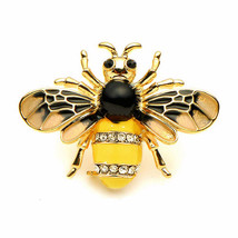 CUTE BEE PIN 1.5&quot; Gold Plate Black Yellow Enamel Flying Insect Brooch Rhinestone - £6.26 GBP