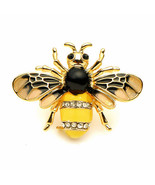 CUTE BEE PIN 1.5&quot; Gold Plate Black Yellow Enamel Flying Insect Brooch Rh... - £6.28 GBP