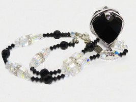Swarovski Element Ladies Heart Pendant Necklace Jet-Black 18&quot; - £75.83 GBP