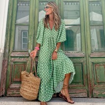 Summer Women dress Vintage Bohemian Elegant Lady Casual Loose V-Neck Maxi - £33.53 GBP