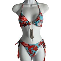 Brazilian Bikini Swimsuits Two Piece S Blue Red Floral Tie Neck Adjustable NEW - £22.25 GBP