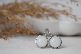 White jade earrings in stainless steel leverback, Small round gemstone earrings, - £25.02 GBP