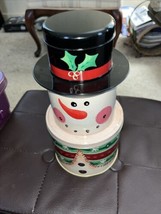 3-Tiered Snowman Tin Container Gold Interiors Christmas - £7.93 GBP