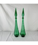 Pair Of Vtg MCM 22.5” Empoli Green Floral Glass Genie Bottles W/ Hobnail... - £271.45 GBP