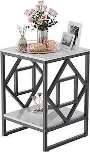 Sintered Stone Side End Table: 2 Tier Square White Small Coffee Table Wi... - $259.99