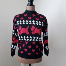 80s Scottie Dog Hearts Sweater Mock Neck Retro Statement Red Black One Size - $48.38