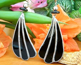 Vintage Black Silver Earrings Stained Glass Dangle Drop Pierced OOAK - £22.34 GBP