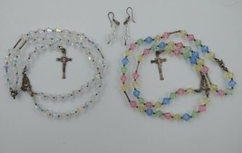 (2) Rosary Style Necklace Clear Iridescent Pastel Color Beads - Plus Ear... - $19.99