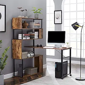 Merax, Brown L Shaped Corner Desk with Shelves and Storage, Rotating, 5-... - $466.99