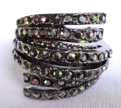 Chunky Hematite Crystal 18KGB Layered Wrap Ring Sparkly Statement Cocktail Sz 10 - £28.37 GBP