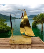 VTG J. DeMott Signed Metal Brass Sailboat Sculpture Onyx Base PEN STAND MCM - $40.60 CAD