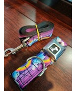 Unicorns &amp; Rainbows with Stripes Purple Dog Collar &amp; Leash Combo by Buck... - £31.35 GBP