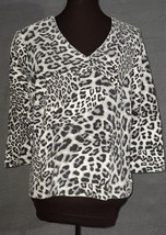 Ruby Rd Sz XLP Black White Gray Leopard Print Sleeve Embellished Knit Faux Wrap - £11.91 GBP