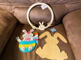 Easter Lot of 3 Decorations Wall Hanging Bunny Rabbit Unfinished Wood &amp; Felt NWT - £11.35 GBP