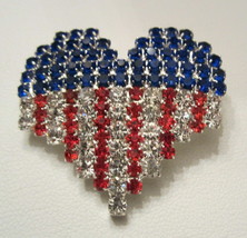 Heart Flag Pattern Brooch Pin Patriotic Usa Red White And Blue Rhinestone - £13.47 GBP