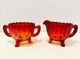 Vintage Imperial Pillar Flute Amberina Glass 3 Footed Sugar Bowl &amp; Cream... - £19.57 GBP