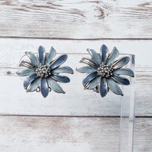 Vintage Clip On Earrings Large Blue &amp; Silver Tone Flower - Condition Issues - $14.99