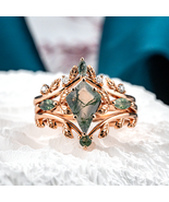 Kite Moss Agate and Moissanite/Diamond Engagement Wedding Ring Set - €1.037,34 EUR+