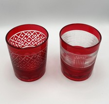 Set of 2 Vintage Ruby Red Cut To Clear Rocks Glasses Bohemian-2 Patterns - $16.32