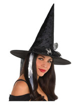 Black Gothic Halloween Fancy Witch Hat with Spider Pin Spiderweb Tulle - £13.65 GBP