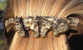 FOUR HORSES  barrette Pewter hair antique brass finish Horse Jewelry - £22.57 GBP