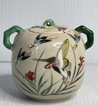Antique Asian Sugar Bowl w Cover hand painted Enameled Birds &amp; Bamboo Oriental - £13.16 GBP