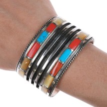 6.5&quot; Vintage Zuni Sterling - Turquoise, coral, and shell channel inlay cuff brac - £586.28 GBP