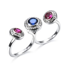 Boho Tibetan Silver Two Finger Rings For Women Mosaic Blue Zircon Wedding Ring F - £7.23 GBP