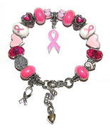 Breast Cancer Awareness Bracelet With Pink Ribbons, Hope European Beads ... - $53.38 CAD