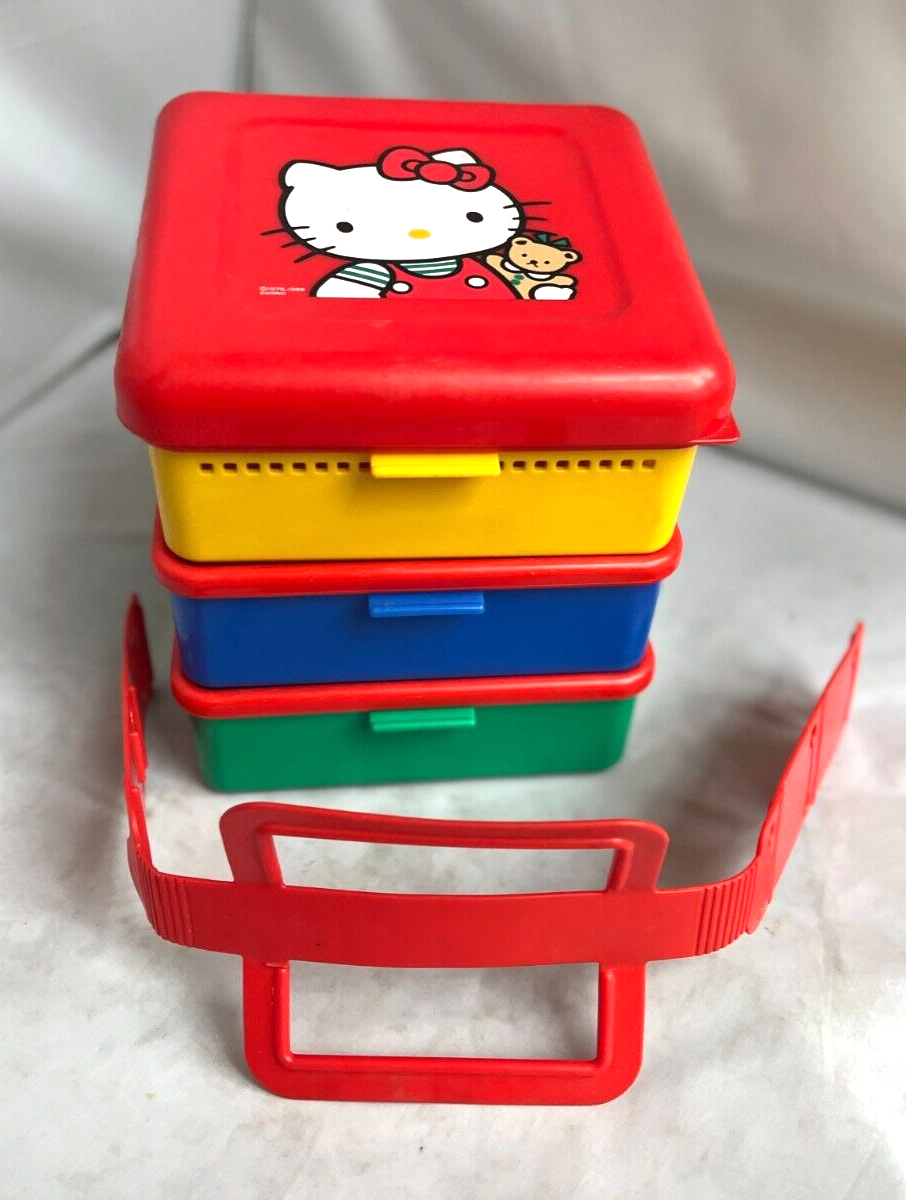 Primary image for Sanrio 1989 Hello Kitty Lunch Box Set & 3 Plates and Handle Made in Japan Cute!