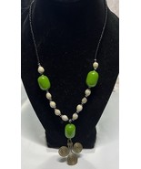Green, Cream And Black Bead Bronze Color Medallion Pendant 22” Necklace - $27.73 CAD