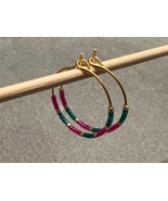 Fuschia Pink and Teal Beaded Hoop Earrings, Multicolored hoops, Simple gold hoop - $20.00