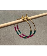 Fuschia Pink and Teal Beaded Hoop Earrings, Multicolored hoops, Simple g... - £15.98 GBP