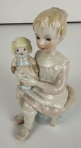 Figurine Little Girl Playing with Doll Heartline Ceramic Hand Painted New 5&quot; - £14.00 GBP