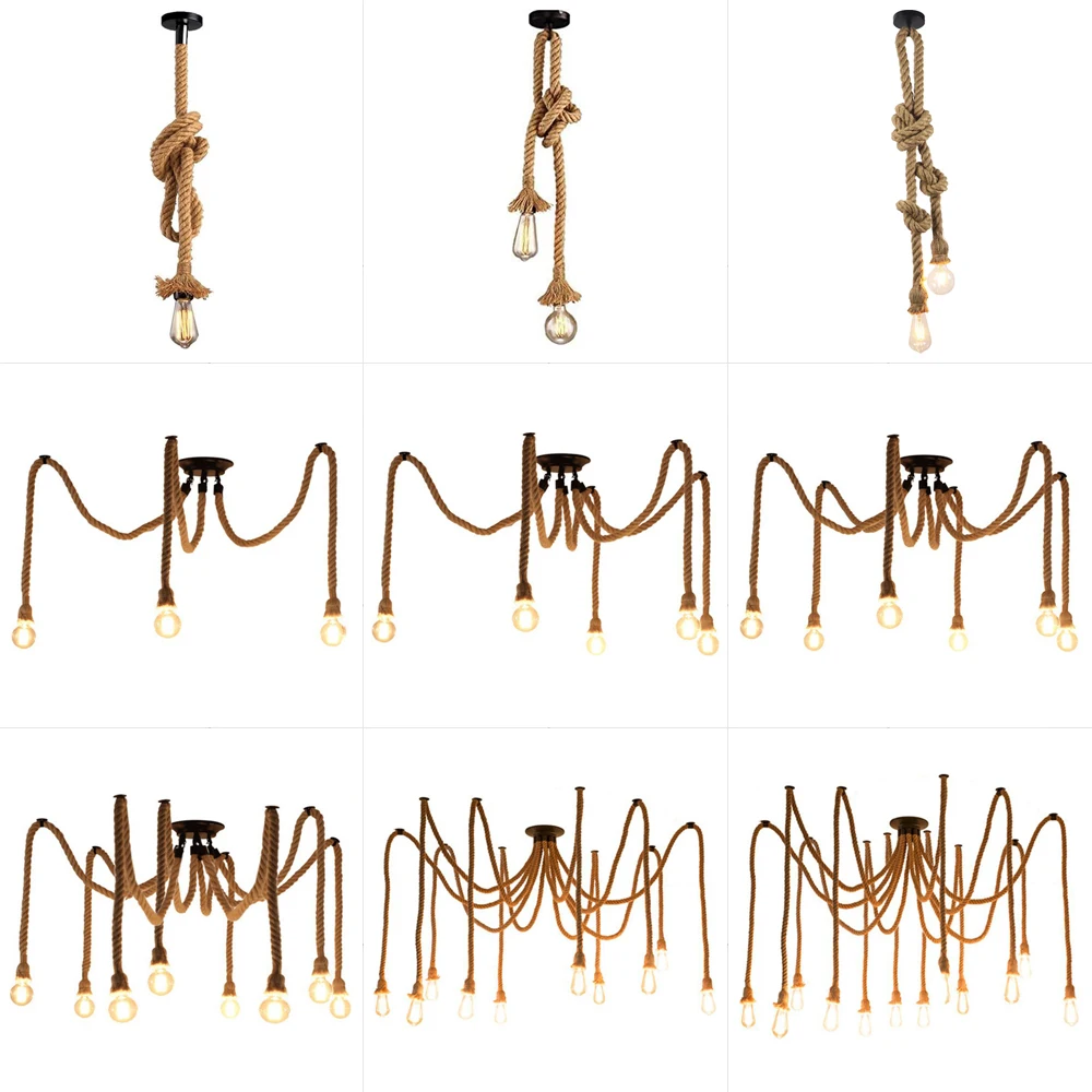 1/3/5/8/10/12 Heads Vintage Spider Chandelier DIY Hemp Rope Pendant Ligh... - $19.63+