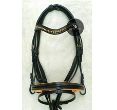 Black Leather Horse Bridle with Golden Clear Crystal Browband Matching Yellow So - £55.06 GBP