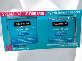 Neutrogena Hydro Boost Cleanser Facial Wipes Hyaluronic Acid Twin Pack 50 NEW - $25.16